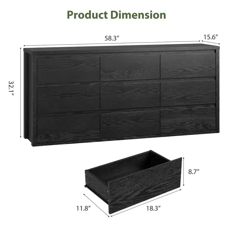 58 Wide 9-Drawer Dresser, Handle-Free Modern Wood Chest for Bedroom, Living Room, or Entryway Ample Storage, Minimalist Design