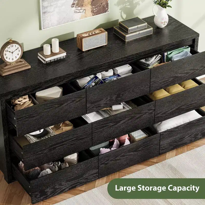 58 Wide 9-Drawer Dresser, Handle-Free Modern Wood Chest for Bedroom, Living Room, or Entryway Ample Storage, Minimalist Design
