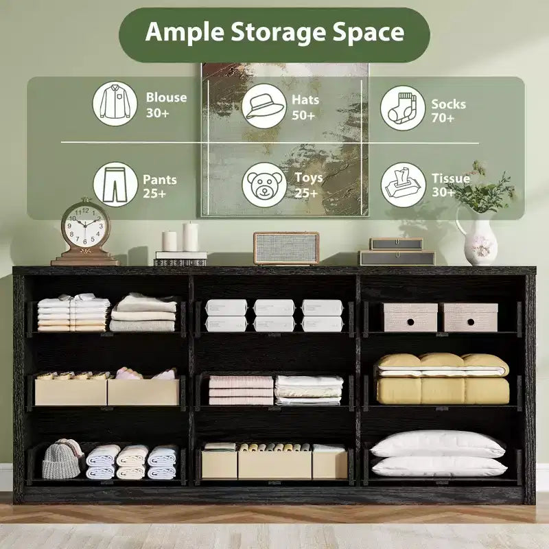 58 Wide 9-Drawer Dresser, Handle-Free Modern Wood Chest for Bedroom, Living Room, or Entryway Ample Storage, Minimalist Design