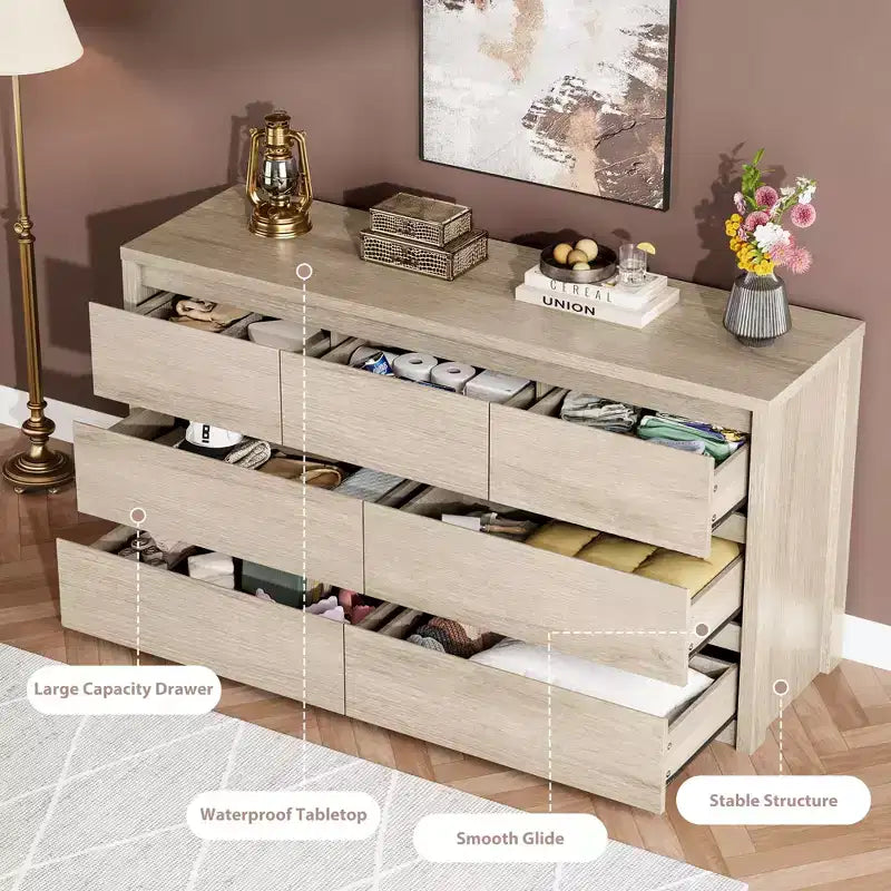 58 Wide 9-Drawer Dresser, Handle-Free Modern Wood Chest for Bedroom, Living Room, or Entryway Ample Storage, Minimalist Design