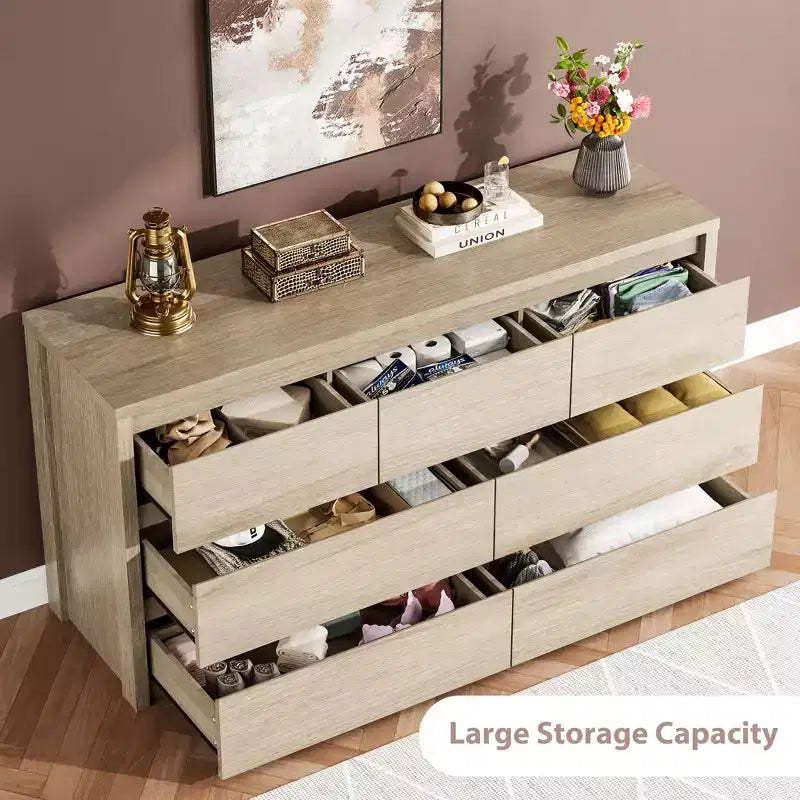 58 Wide 9-Drawer Dresser, Handle-Free Modern Wood Chest for Bedroom, Living Room, or Entryway Ample Storage, Minimalist Design