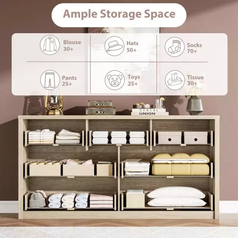 58 Wide 9-Drawer Dresser, Handle-Free Modern Wood Chest for Bedroom, Living Room, or Entryway Ample Storage, Minimalist Design