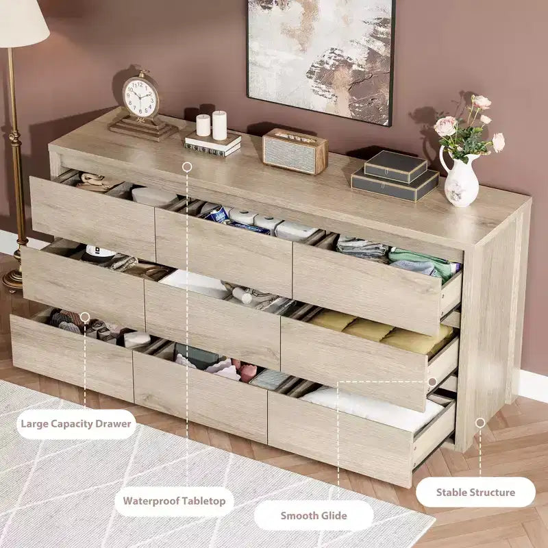 58 Wide 9-Drawer Dresser, Handle-Free Modern Wood Chest for Bedroom, Living Room, or Entryway Ample Storage, Minimalist Design