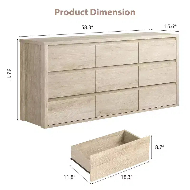 58 Wide 9-Drawer Dresser, Handle-Free Modern Wood Chest for Bedroom, Living Room, or Entryway Ample Storage, Minimalist Design