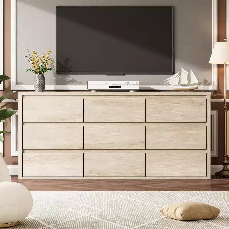 58 Wide 9-Drawer Dresser, Handle-Free Modern Wood Chest for Bedroom, Living Room, or Entryway Ample Storage, Minimalist Design
