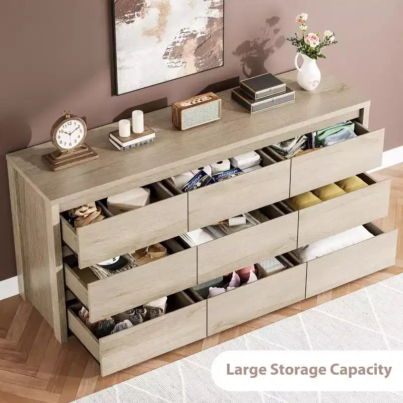 58 Wide 9-Drawer Dresser, Handle-Free Modern Wood Chest for Bedroom, Living Room, or Entryway Ample Storage, Minimalist Design