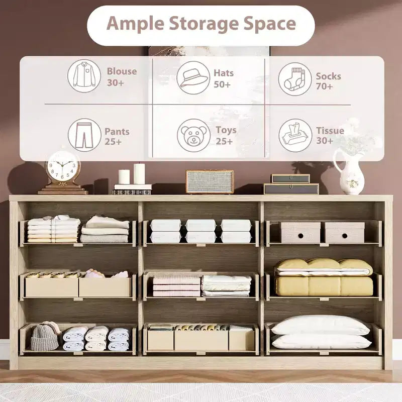 58 Wide 9-Drawer Dresser, Handle-Free Modern Wood Chest for Bedroom, Living Room, or Entryway Ample Storage, Minimalist Design