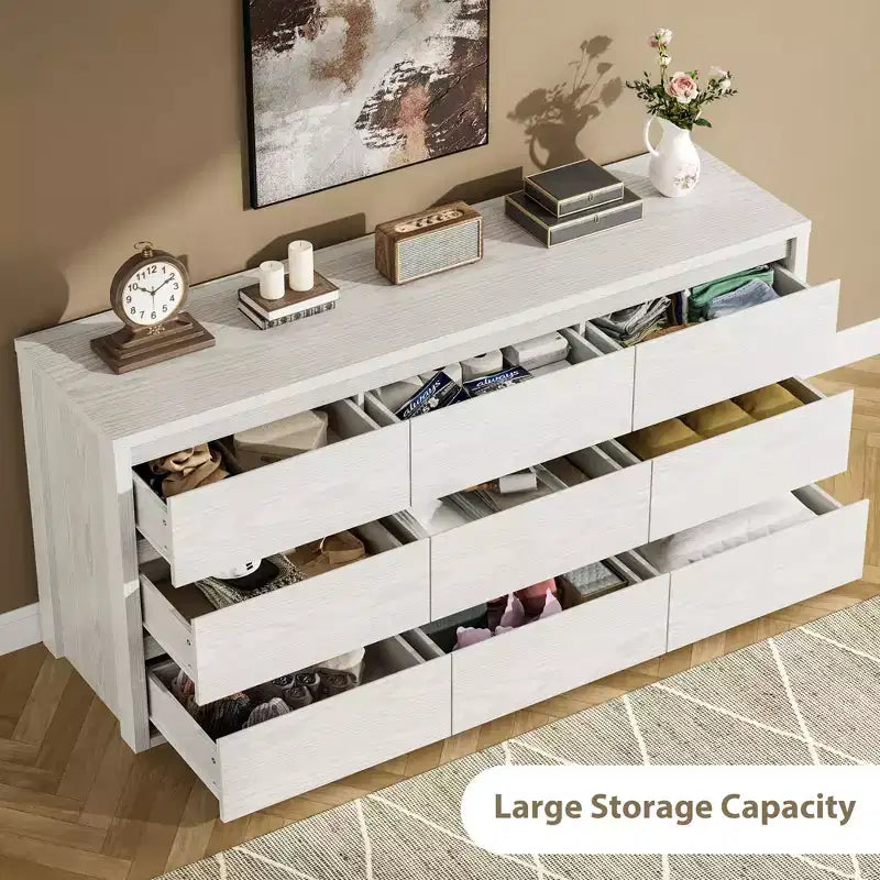 58 Wide 9-Drawer Dresser, Handle-Free Modern Wood Chest for Bedroom, Living Room, or Entryway Ample Storage, Minimalist Design