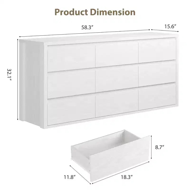 58 Wide 9-Drawer Dresser, Handle-Free Modern Wood Chest for Bedroom, Living Room, or Entryway Ample Storage, Minimalist Design
