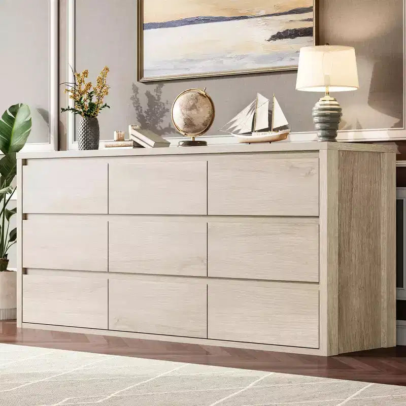 58 Wide 9-Drawer Dresser, Handle-Free Modern Wood Chest for Bedroom, Living Room, or Entryway Ample Storage, Minimalist Design