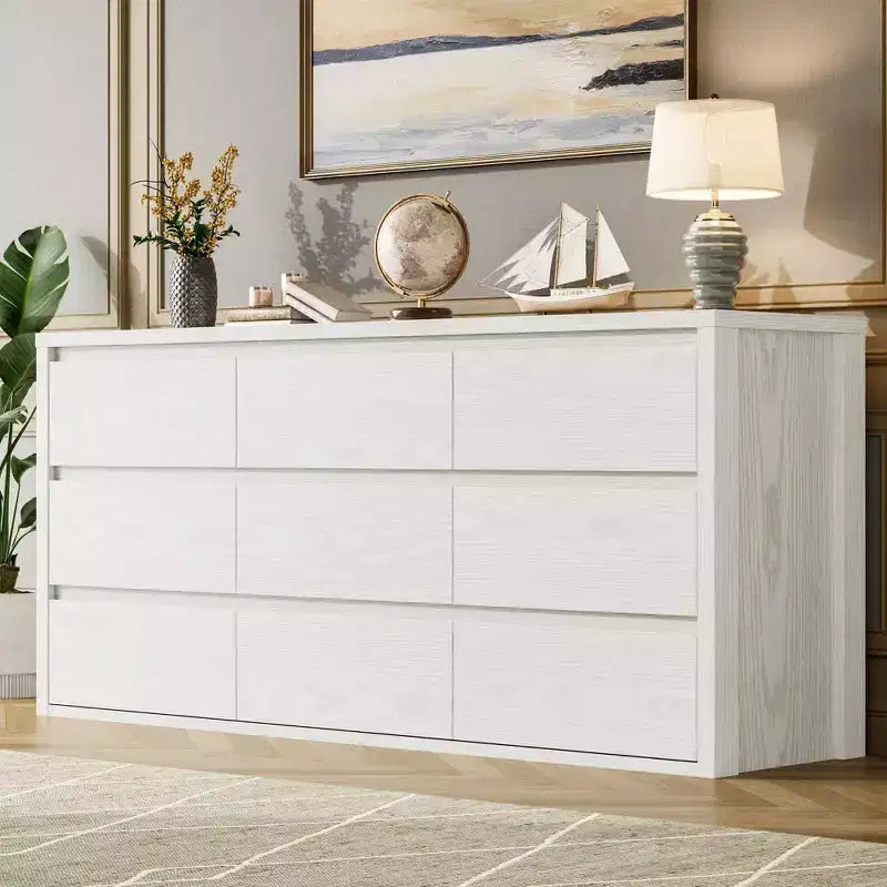 58 Wide 9-Drawer Dresser, Handle-Free Modern Wood Chest for Bedroom, Living Room, or Entryway Ample Storage, Minimalist Design