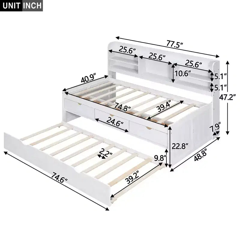 GDFStudio Dyer Wooden Captain Bed with Built-in Bookshelves,Three Storage Drawers and Trundle