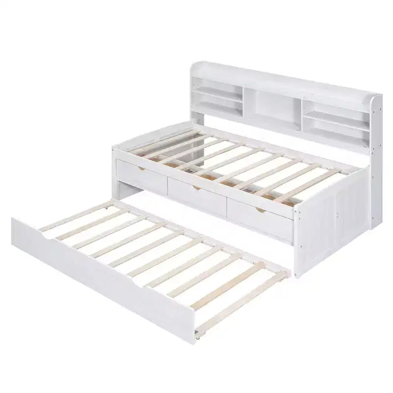 GDFStudio Dyer Wooden Captain Bed with Built-in Bookshelves,Three Storage Drawers and Trundle