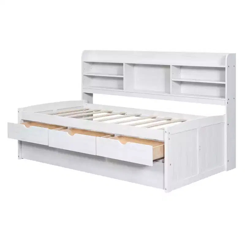 GDFStudio Dyer Wooden Captain Bed with Built-in Bookshelves,Three Storage Drawers and Trundle