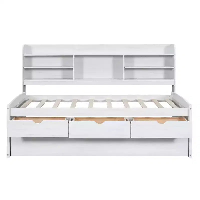 GDFStudio Dyer Wooden Captain Bed with Built-in Bookshelves,Three Storage Drawers and Trundle