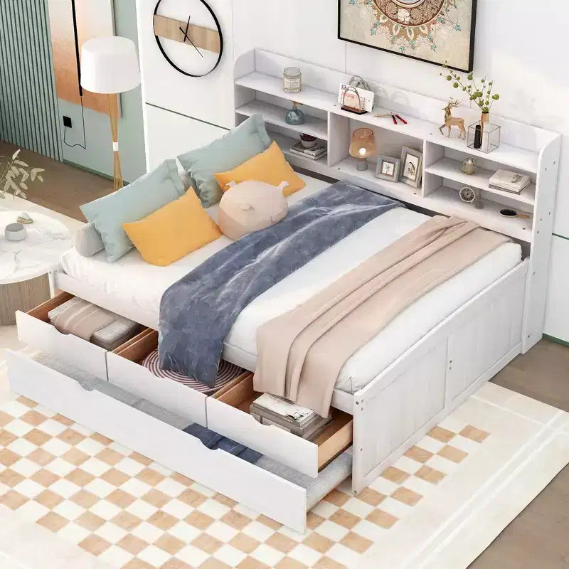 GDFStudio Dyer Wooden Captain Bed with Built-in Bookshelves,Three Storage Drawers and Trundle