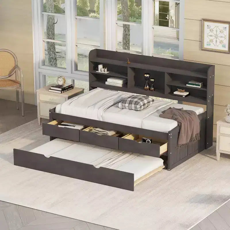 GDFStudio Dyer Wooden Captain Bed with Built-in Bookshelves,Three Storage Drawers and Trundle