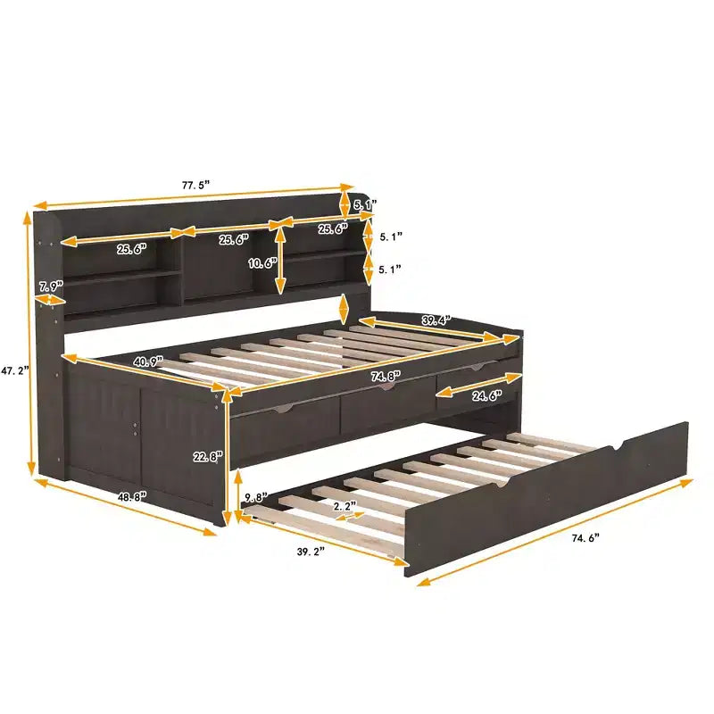 GDFStudio Dyer Wooden Captain Bed with Built-in Bookshelves,Three Storage Drawers and Trundle