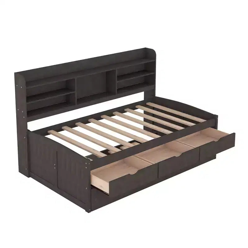 GDFStudio Dyer Wooden Captain Bed with Built-in Bookshelves,Three Storage Drawers and Trundle