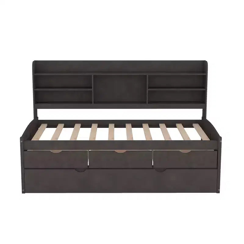 GDFStudio Dyer Wooden Captain Bed with Built-in Bookshelves,Three Storage Drawers and Trundle