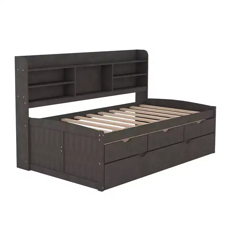 GDFStudio Dyer Wooden Captain Bed with Built-in Bookshelves,Three Storage Drawers and Trundle
