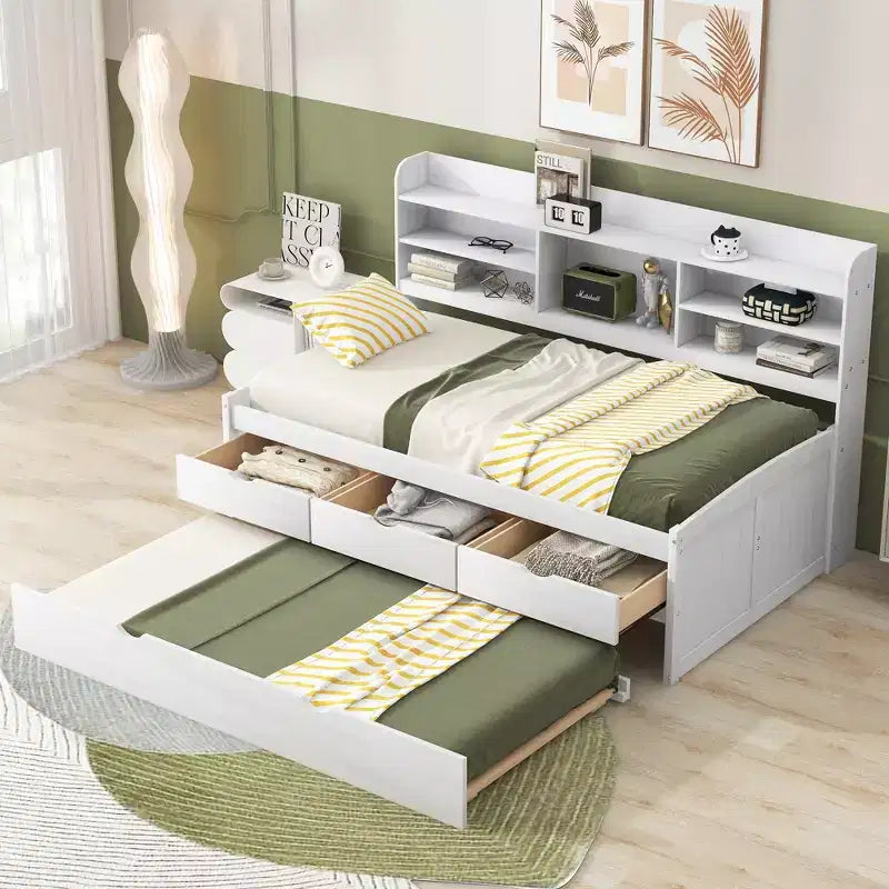 GDFStudio Dyer Wooden Captain Bed with Built-in Bookshelves,Three Storage Drawers and Trundle