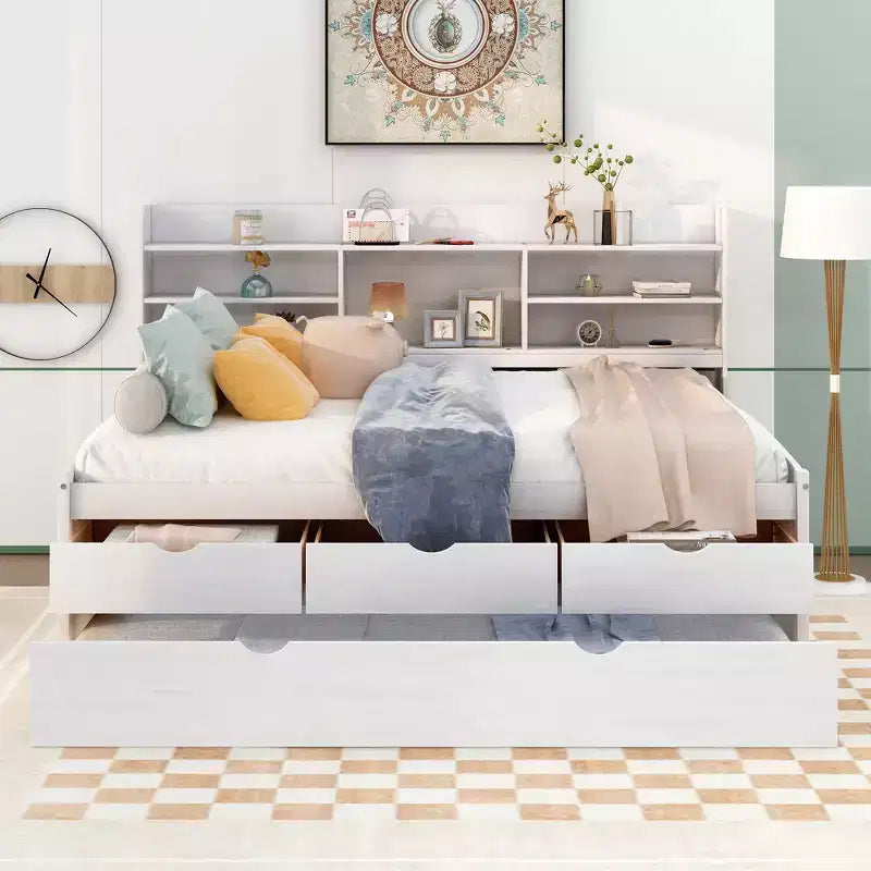 GDFStudio Dyer Wooden Captain Bed with Built-in Bookshelves,Three Storage Drawers and Trundle