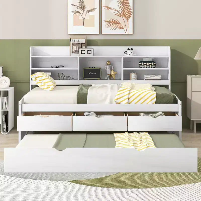 GDFStudio Dyer Wooden Captain Bed with Built-in Bookshelves,Three Storage Drawers and Trundle