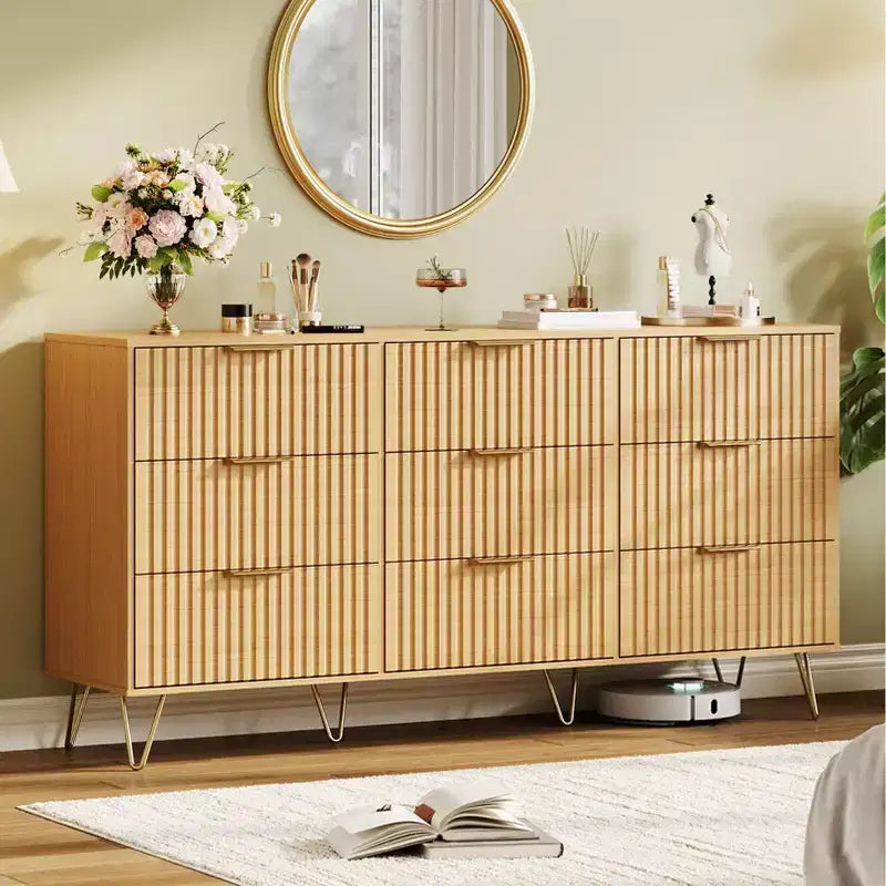 Acekool 63 Wide 9 Drawer Fluted Dresser, Modern Chest with Metal Handles, Bedroom Clothes Organizer & TV Stand for Living Room, Hallway, Natural