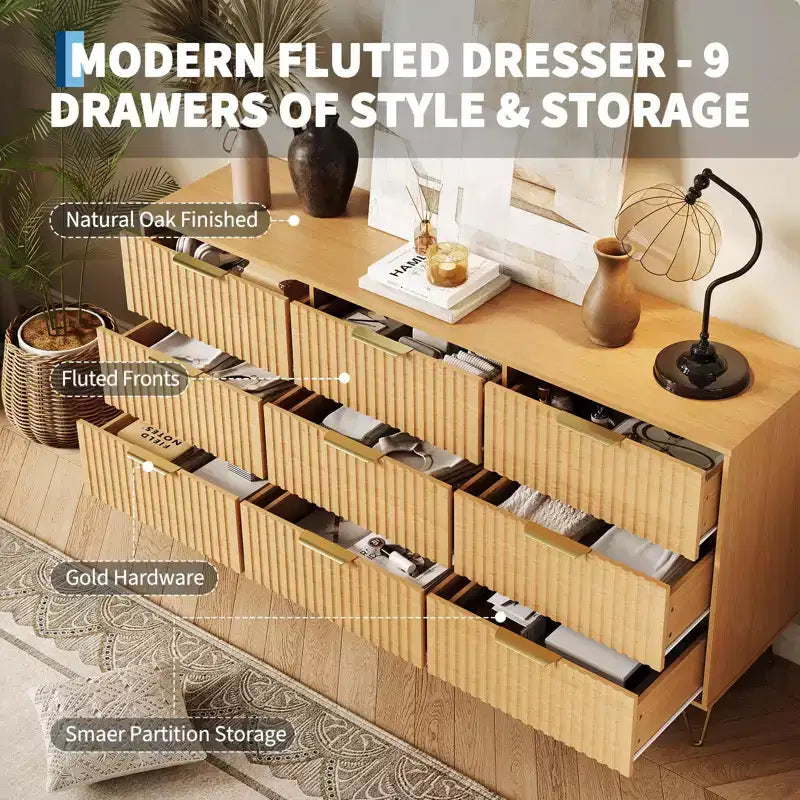 Acekool 63 Wide 9 Drawer Fluted Dresser, Modern Chest with Metal Handles, Bedroom Clothes Organizer & TV Stand for Living Room, Hallway, Natural