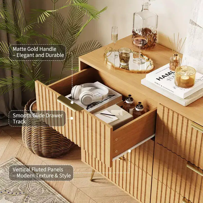 Acekool 63 Wide 9 Drawer Fluted Dresser, Modern Chest with Metal Handles, Bedroom Clothes Organizer & TV Stand for Living Room, Hallway, Natural