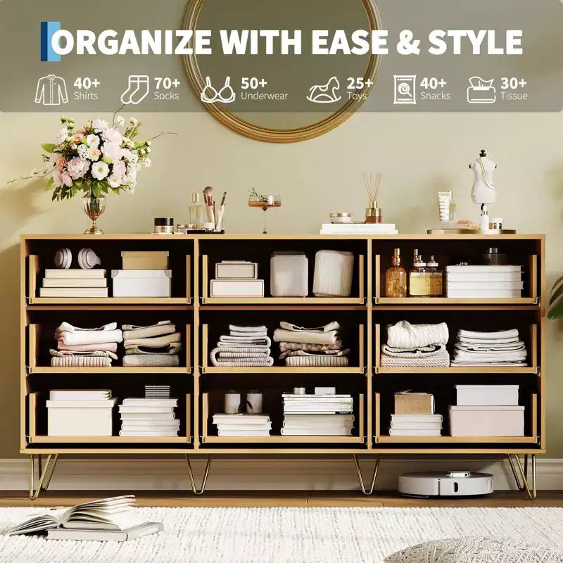 Acekool 63 Wide 9 Drawer Fluted Dresser, Modern Chest with Metal Handles, Bedroom Clothes Organizer & TV Stand for Living Room, Hallway, Natural