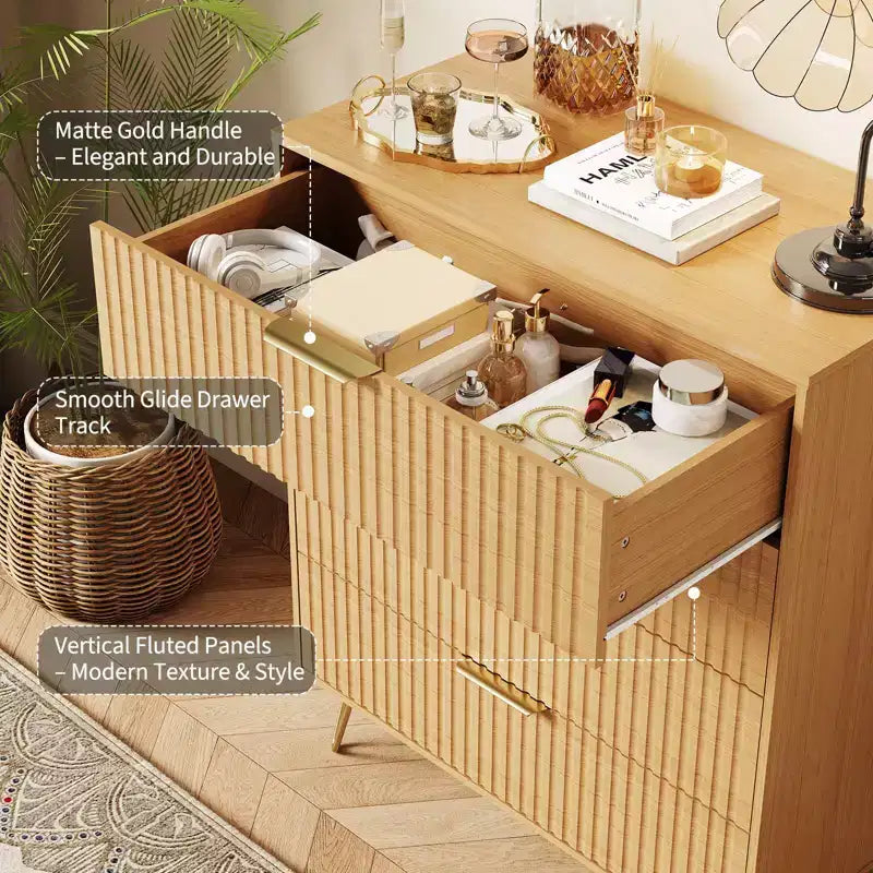 Acekool 63 Wide 9 Drawer Fluted Dresser, Modern Chest with Metal Handles, Bedroom Clothes Organizer & TV Stand for Living Room, Hallway, Natural