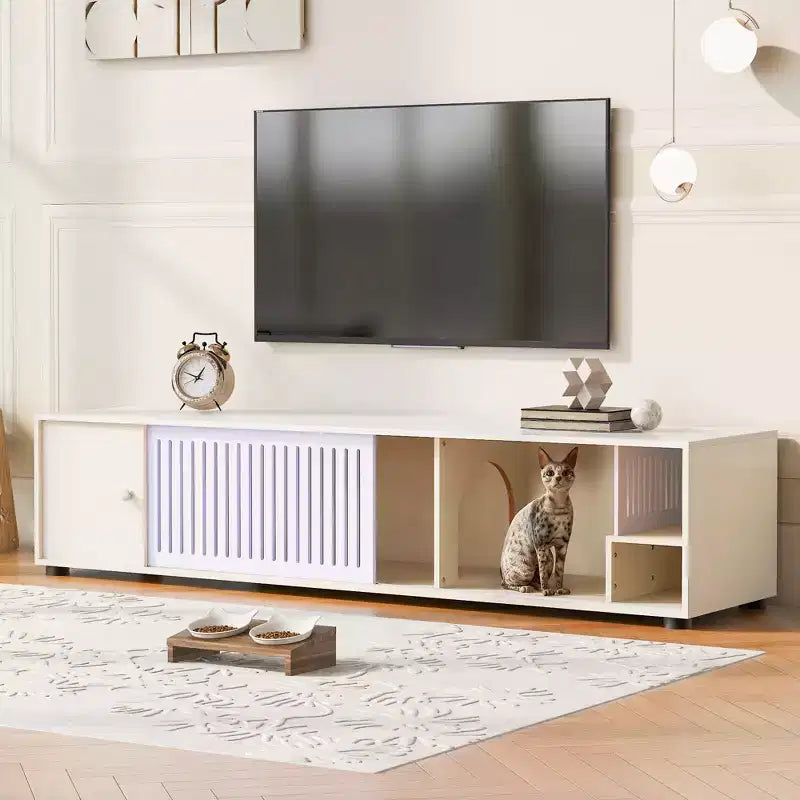 JVNOXK Cat TV Stand with Storage Cabinet and Removable Sliding Door, White