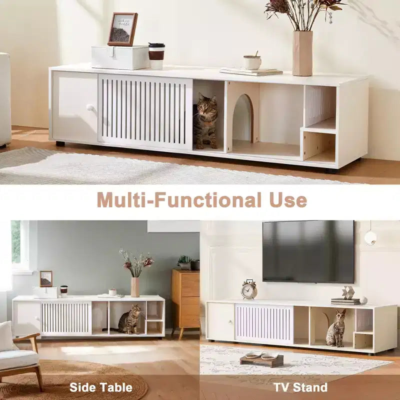 JVNOXK Cat TV Stand with Storage Cabinet and Removable Sliding Door, White