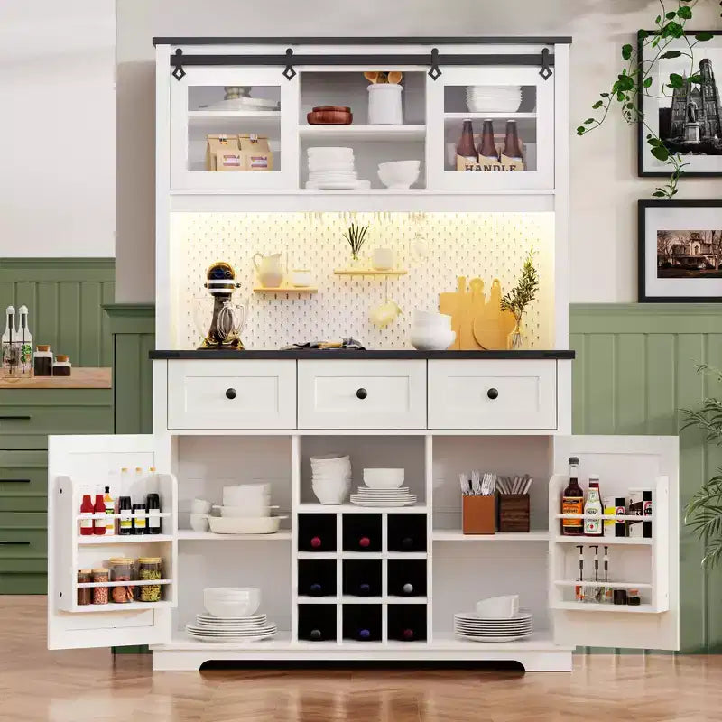 GDFStudio Gene 71 Pantry Bar Cabinet with RGB Light, Power Outlet, Pegboard, Wine & Glasses Rack