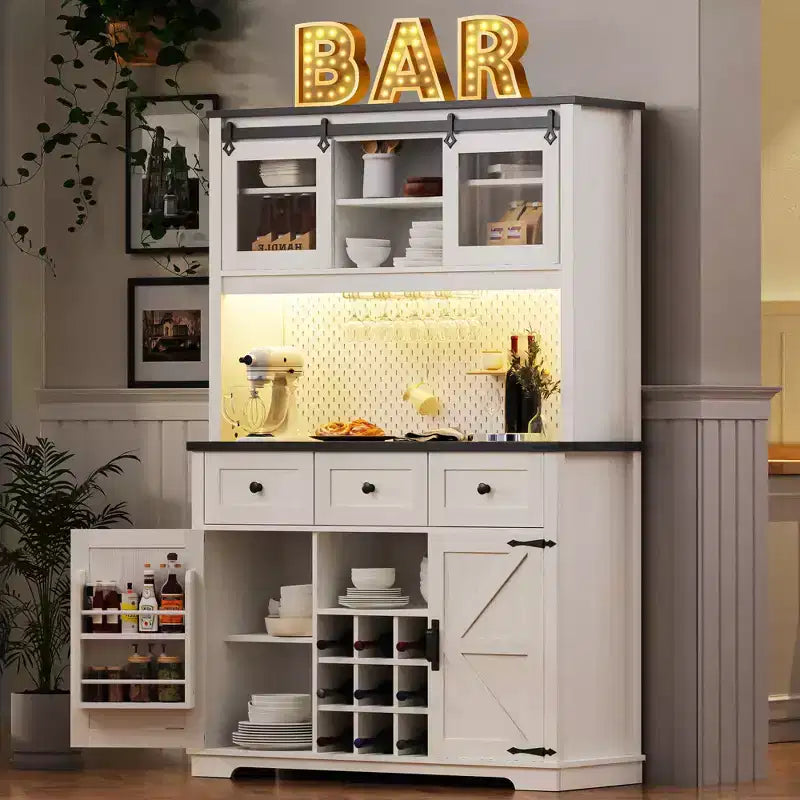 GDFStudio Gene 71 Pantry Bar Cabinet with RGB Light, Power Outlet, Pegboard, Wine & Glasses Rack