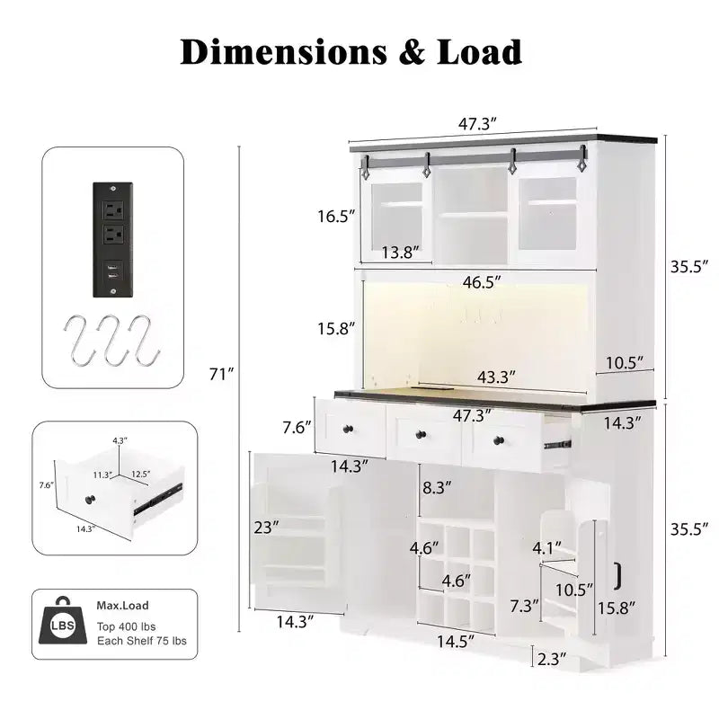 GDFStudio Gene 71 Pantry Bar Cabinet with RGB Light, Power Outlet, Pegboard, Wine & Glasses Rack