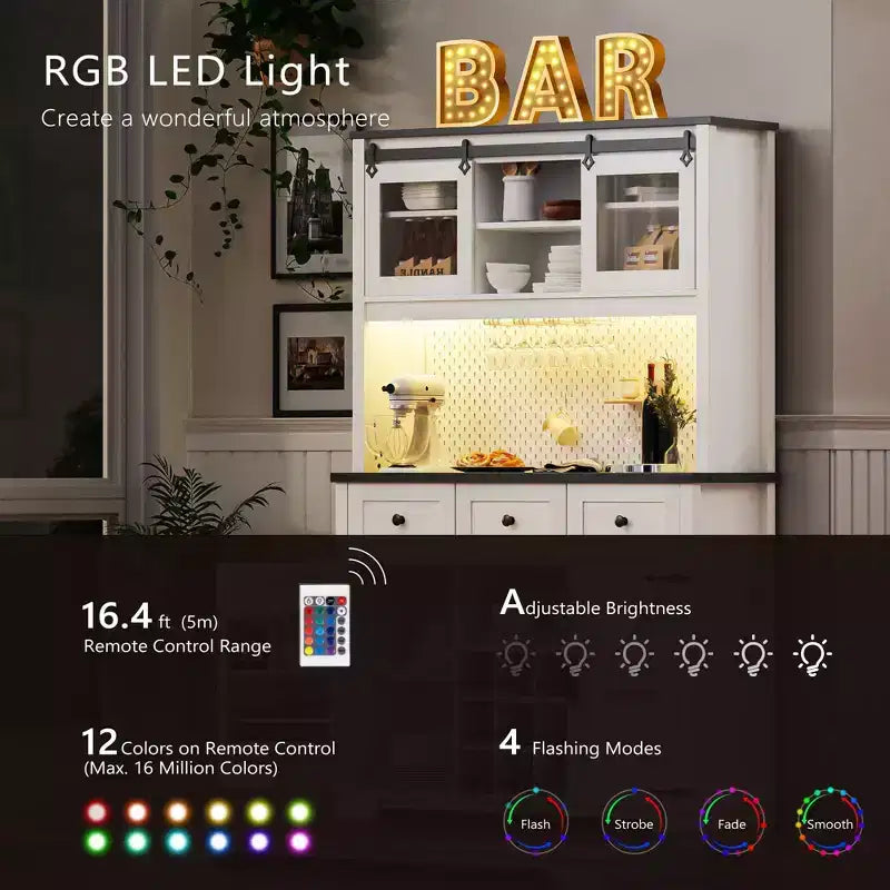 GDFStudio Gene 71 Pantry Bar Cabinet with RGB Light, Power Outlet, Pegboard, Wine & Glasses Rack