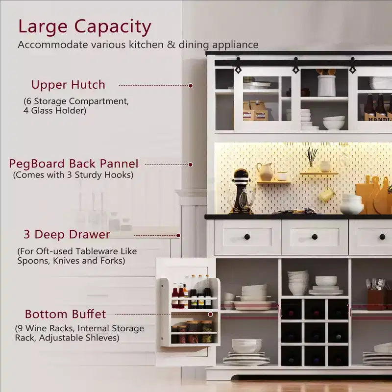 GDFStudio Gene 71 Pantry Bar Cabinet with RGB Light, Power Outlet, Pegboard, Wine & Glasses Rack