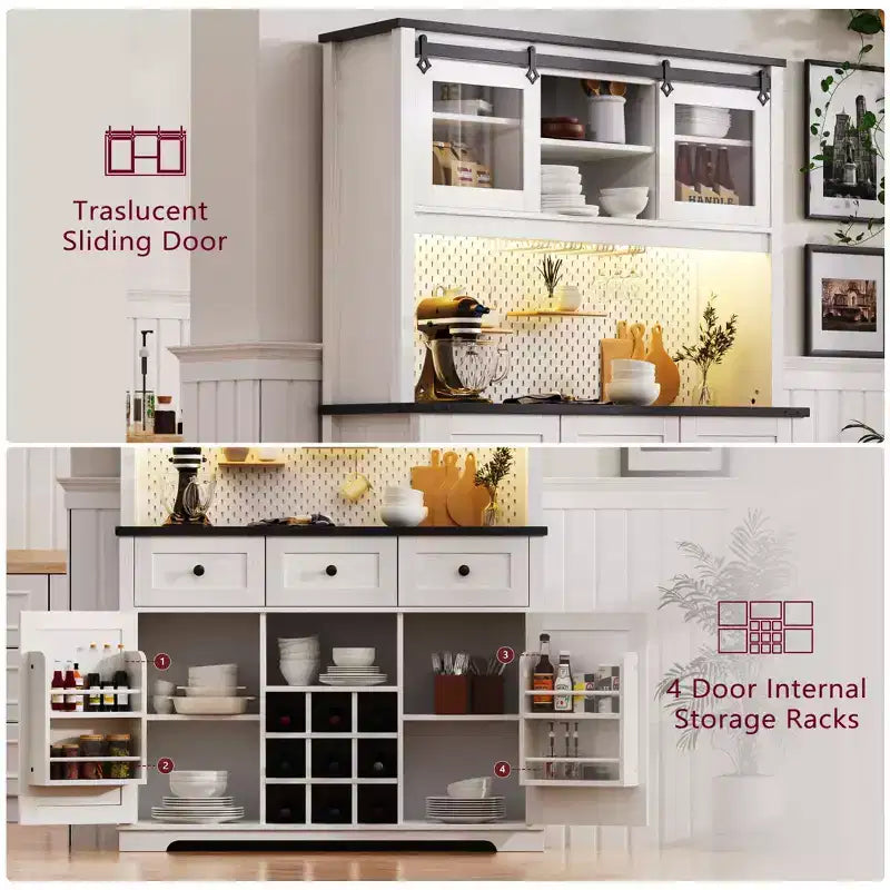 GDFStudio Gene 71 Pantry Bar Cabinet with RGB Light, Power Outlet, Pegboard, Wine & Glasses Rack