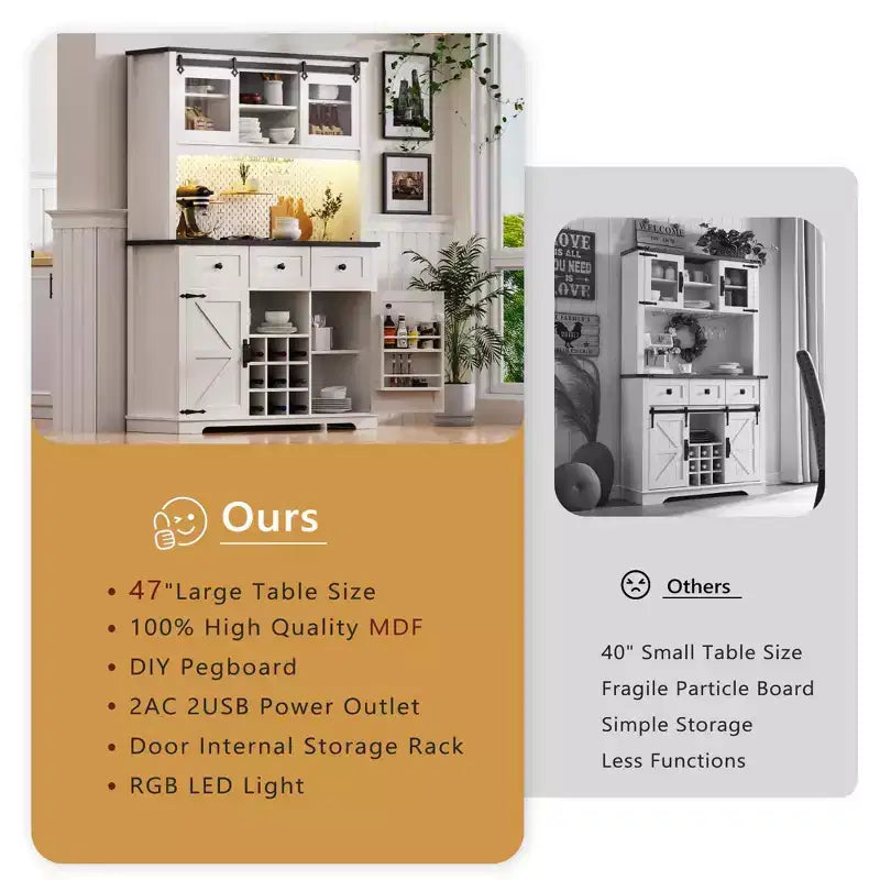 GDFStudio Gene 71 Pantry Bar Cabinet with RGB Light, Power Outlet, Pegboard, Wine & Glasses Rack