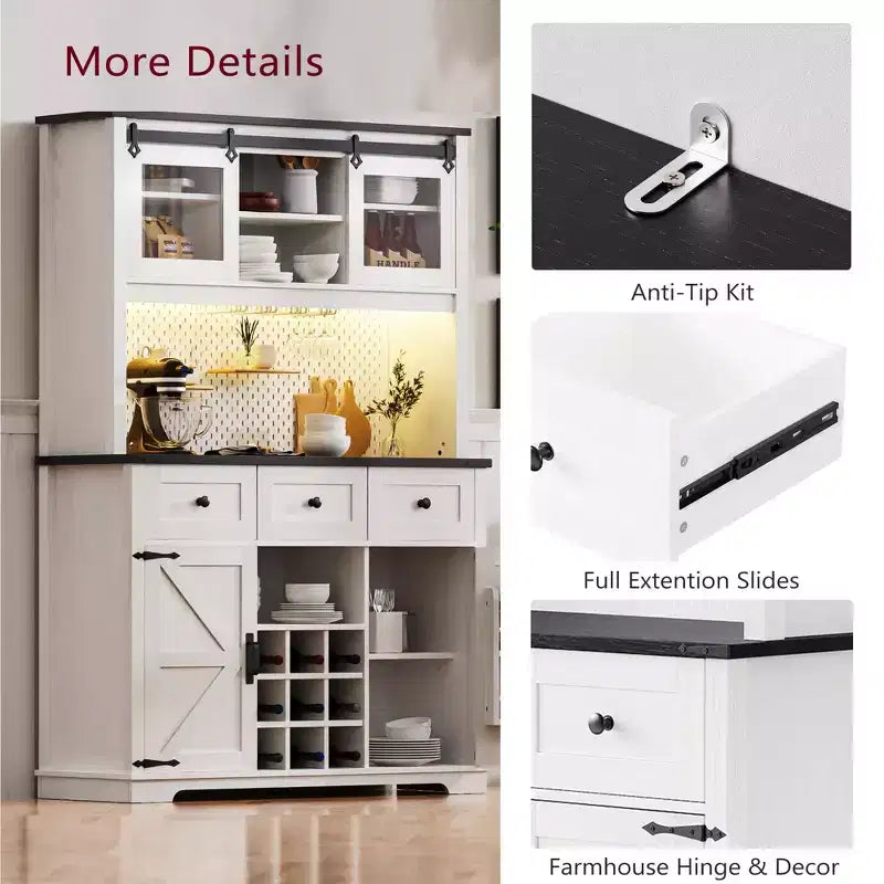 GDFStudio Gene 71 Pantry Bar Cabinet with RGB Light, Power Outlet, Pegboard, Wine & Glasses Rack