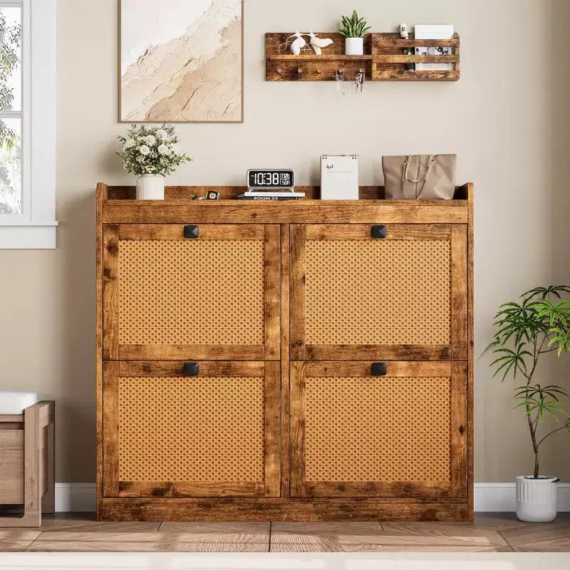 41.3 Shoe Cabinet Rattan with 4 Flip Drawers, Wooden Freestanding Shoe Organizer with Adjustable Shelves, Shoe Storage for Entryway, Closet, Hallway
