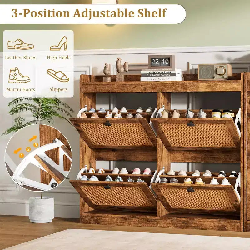 41.3 Shoe Cabinet Rattan with 4 Flip Drawers, Wooden Freestanding Shoe Organizer with Adjustable Shelves, Shoe Storage for Entryway, Closet, Hallway