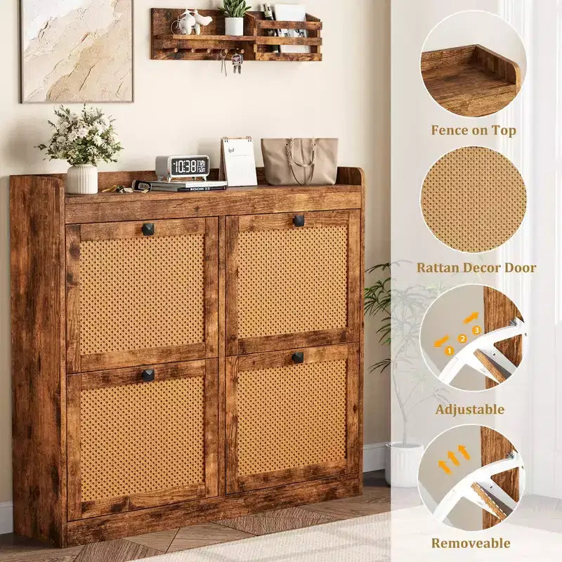 41.3 Shoe Cabinet Rattan with 4 Flip Drawers, Wooden Freestanding Shoe Organizer with Adjustable Shelves, Shoe Storage for Entryway, Closet, Hallway
