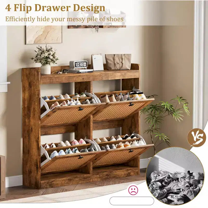 41.3 Shoe Cabinet Rattan with 4 Flip Drawers, Wooden Freestanding Shoe Organizer with Adjustable Shelves, Shoe Storage for Entryway, Closet, Hallway