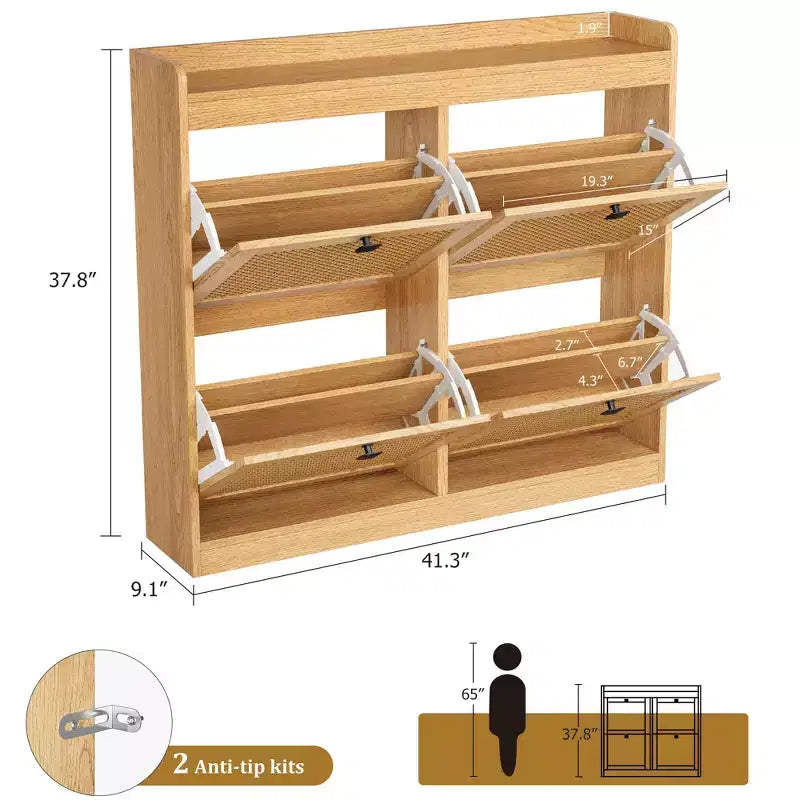41.3 Shoe Cabinet Rattan with 4 Flip Drawers, Wooden Freestanding Shoe Organizer with Adjustable Shelves, Shoe Storage for Entryway, Closet, Hallway