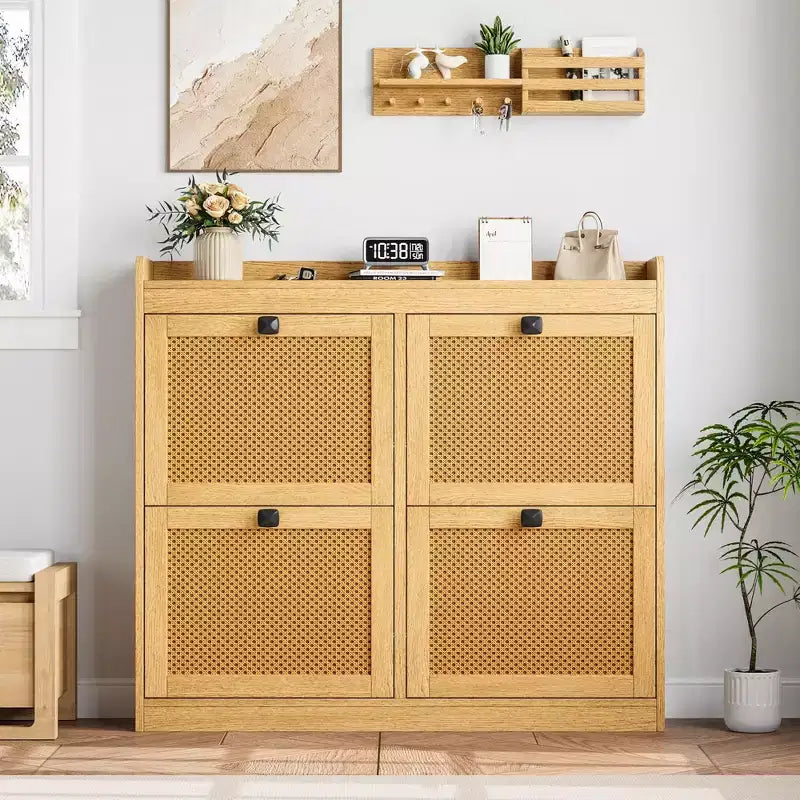 41.3 Shoe Cabinet Rattan with 4 Flip Drawers, Wooden Freestanding Shoe Organizer with Adjustable Shelves, Shoe Storage for Entryway, Closet, Hallway