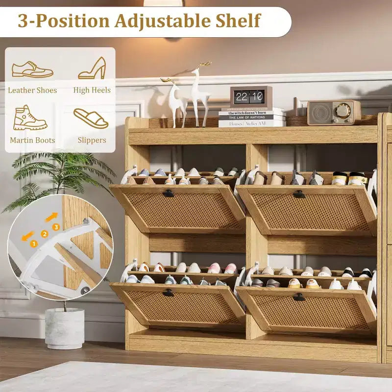 41.3 Shoe Cabinet Rattan with 4 Flip Drawers, Wooden Freestanding Shoe Organizer with Adjustable Shelves, Shoe Storage for Entryway, Closet, Hallway